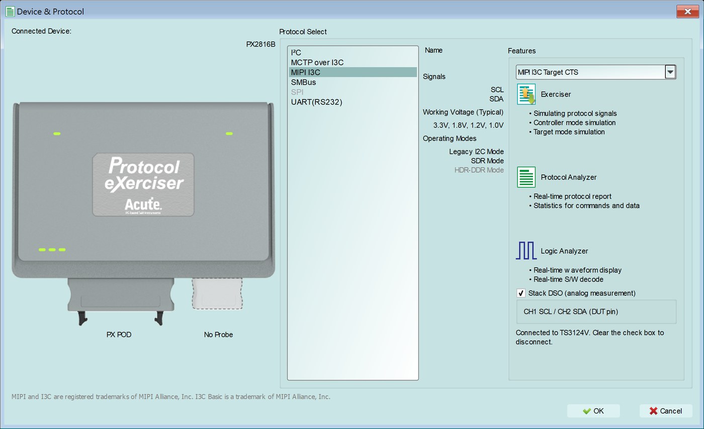 設定很簡單：在 Device & Protocol 選 MIPI I3C Target CTS，勾選 Stack DSO 即連上 DSO。Target 與 Controller 的測試都從這裡進入。