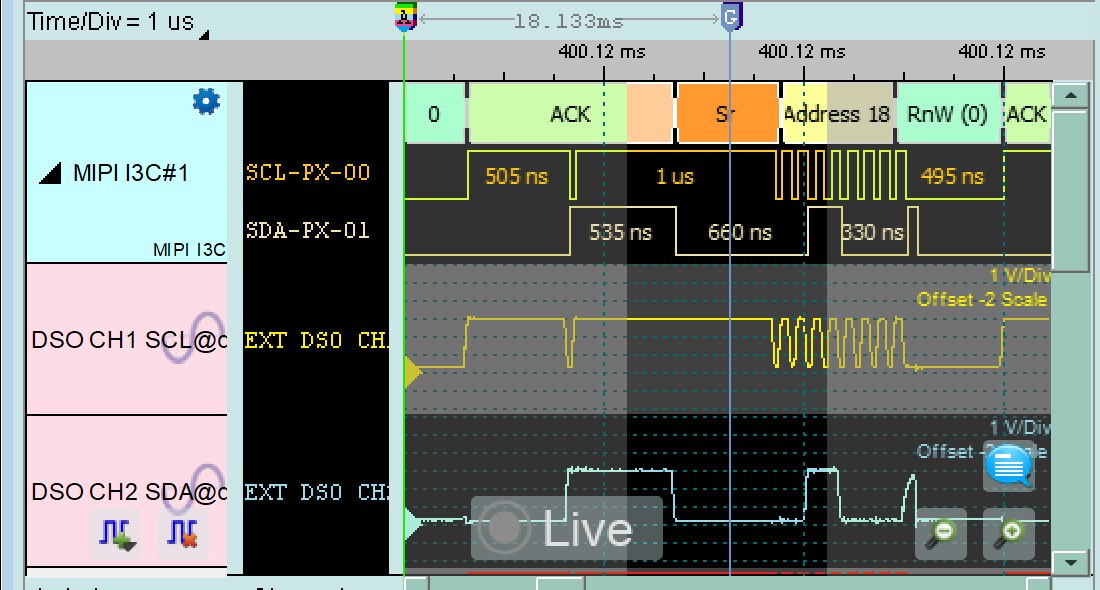 DSO 的 SCL／SDA 類比波形與 I3C 解碼對齊顯示（Repeated START 與位址頭）。